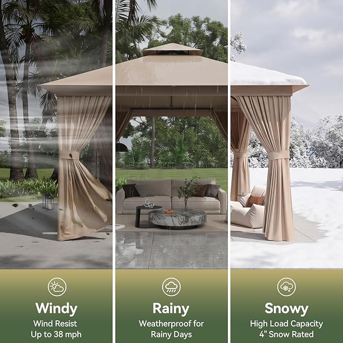 10'x10' Gazebo with Light, Outdoor Gazebo with Double Roofs | Metal Frame Canopy - Image 5