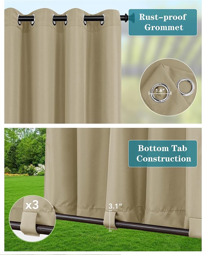 Windproof Outdoor Curtains for Patio Waterproof 4 Pcs 54x108 In Taupe | Grommet - Image 2