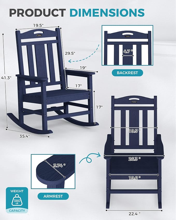Oversized Outdoor Rocking Chair, HDPE Patio Rockers, Deep Navy Blue | High Back - Image 2