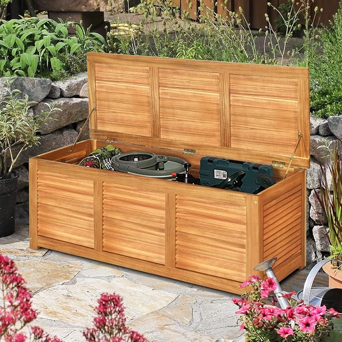 DREAMADE 47 Gallon Deck Box, Acacia Wood Outdoor Storage Bench, Natural | Patio - Image 9