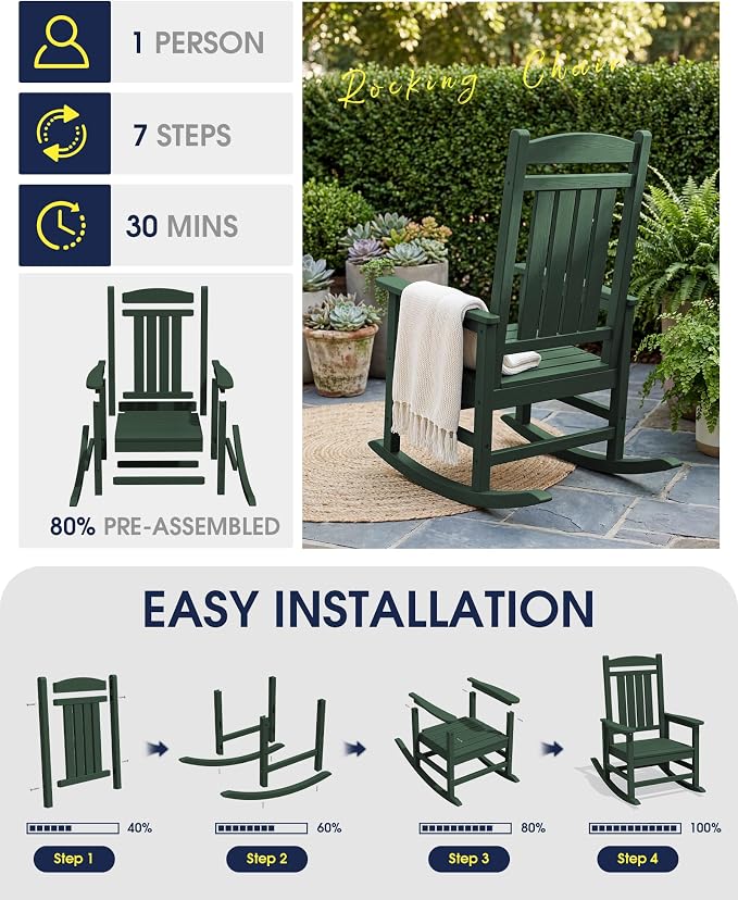 Oversized Outdoor Rocking Chairs Set of 4, HDPE Porch Rocker - Image 8