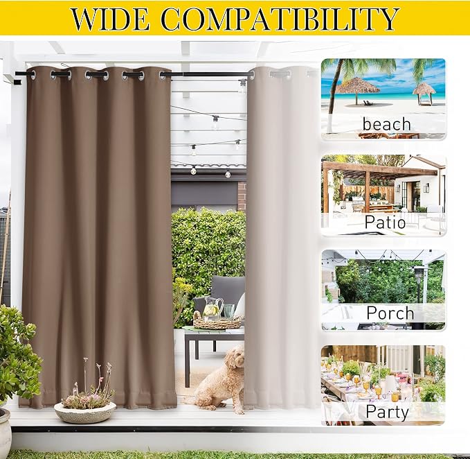 NICETOWN Outdoor Curtains for Patio Waterproof & Windproof W100xL108 Tan | - Image 8