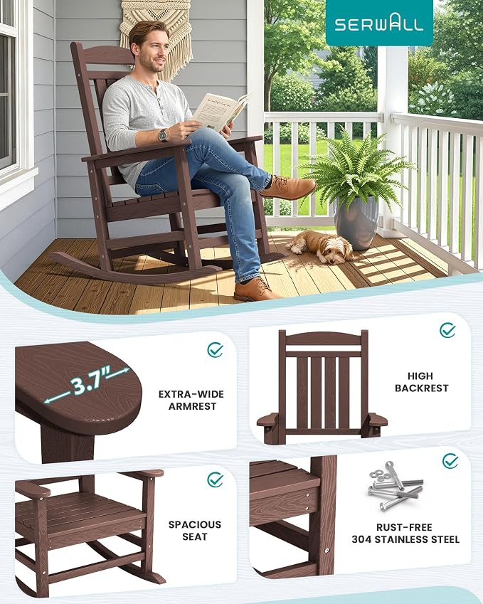 SERWALL Rocking Chair Outdoor, Oversized HDPE Patio Rocking Chairs, Coffee | - Image 7