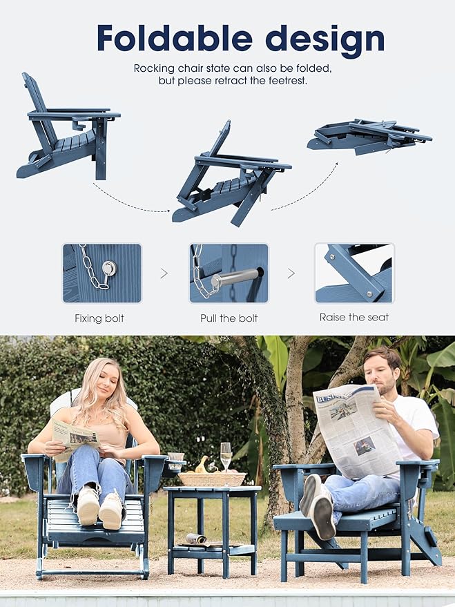 Adirondack Rocking Chair with Ottoman and Cup Holders | HDPE Porch Rocker - Image 4
