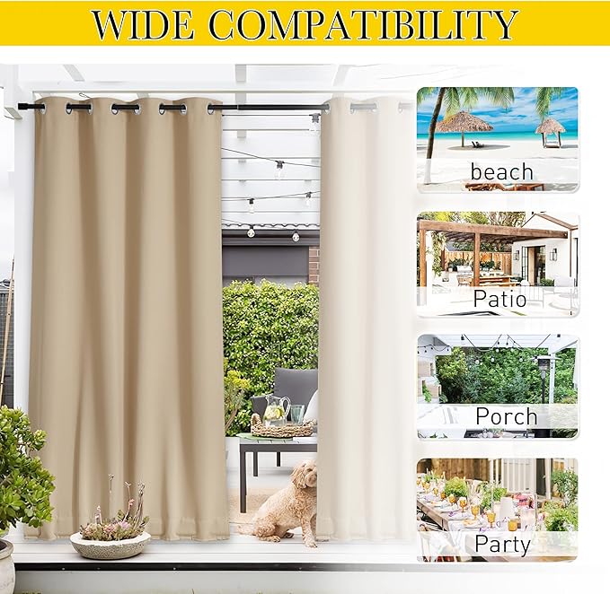 NICETOWN Outdoor Curtains for Patio Waterproof W84xL84 Biscotti Beige | Gazebo - Image 8