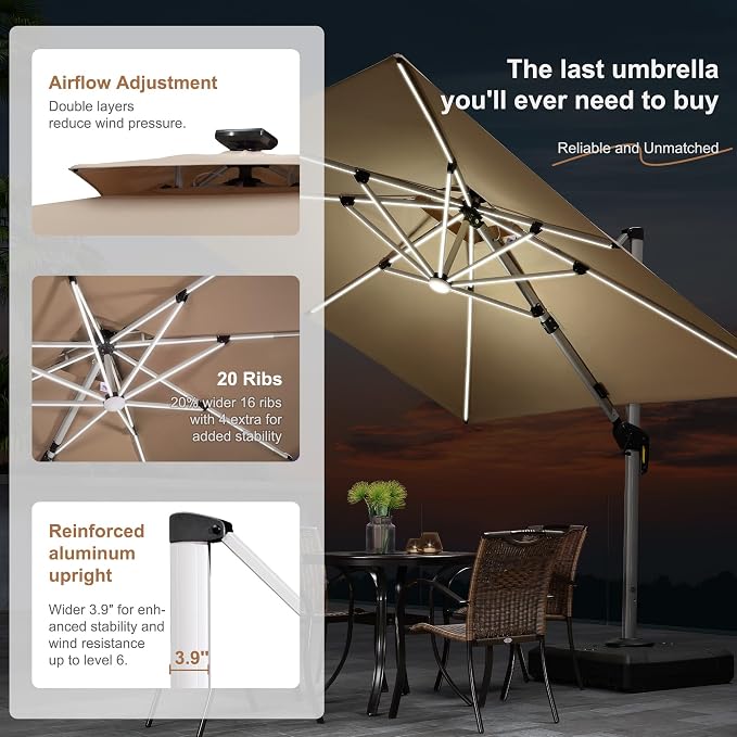 PURPLE LEAF Cantilever Umbrella 9' X 12' Double Top Solar LED Light, Support to - Image 3
