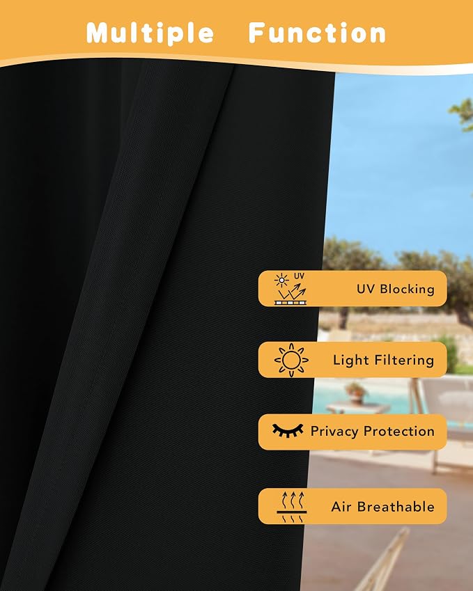 HolidayIdeas Outdoor Curtains for Patio Waterproof 4 Pcs 54x108 Inch Black | - Image 3