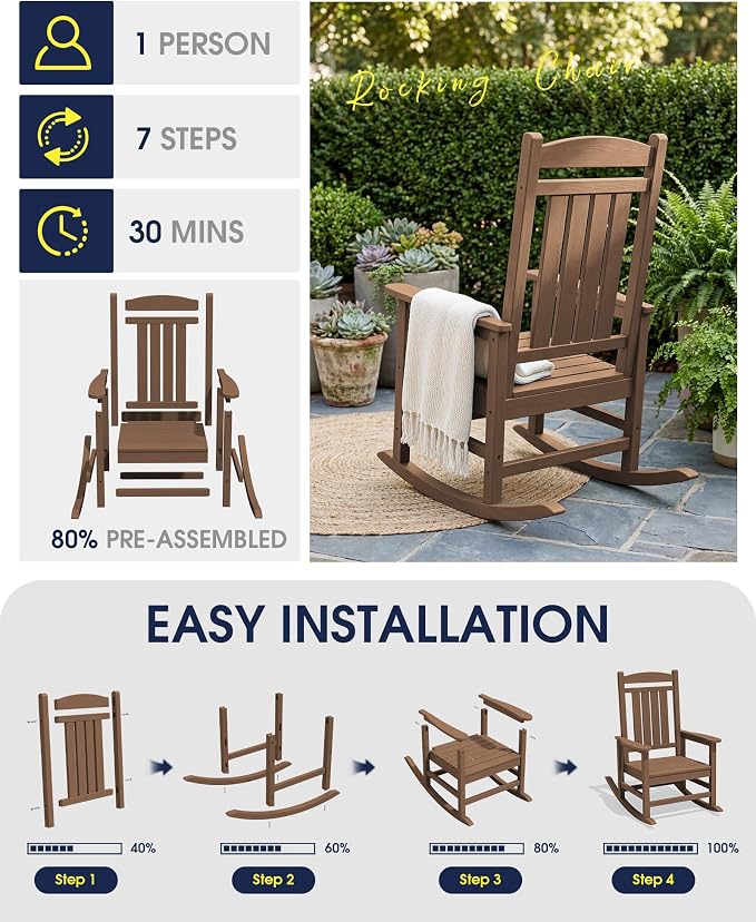 Oversized Outdoor Rocking Chairs Set of 6, HDPE Porch Rocker - Image 7