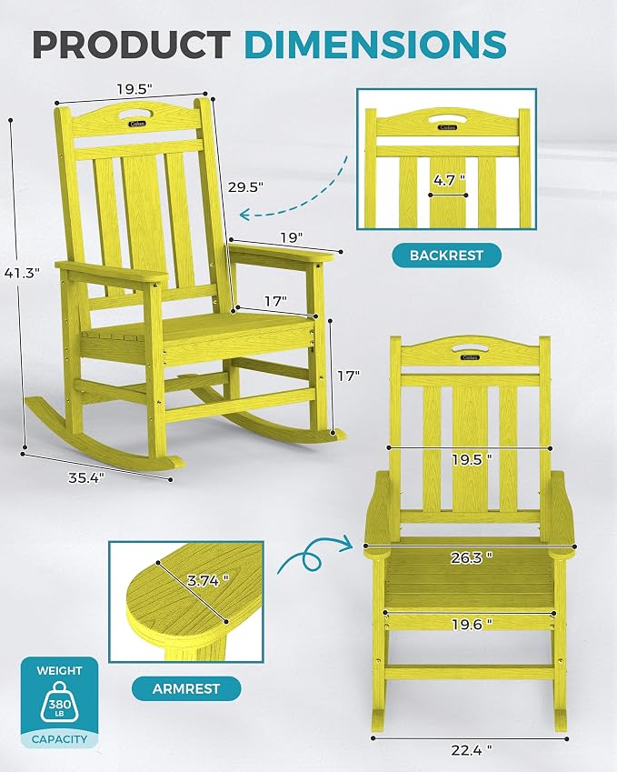 Oversized Outdoor Rocking Chairs Set of 4, 380lbs Heavy-Duty Large Patio Rocker - Image 3