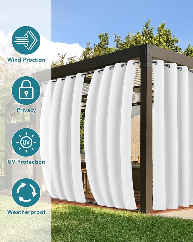 Windproof Outdoor Curtains for Patio Waterproof 6 Pcs 54x84 In White | Grommet - Image 3