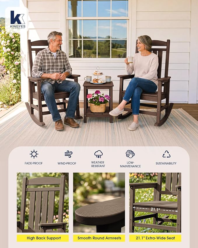 Oversized Outdoor Rocking Chair Set of 6, HDPE Porch Rocker, Coffee | - Image 7