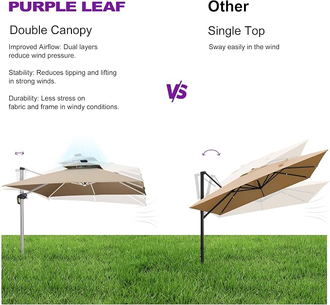 PURPLE LEAF Cantilever Umbrella 11'X11' Double Top Solar LED Light, Support to - Image 8