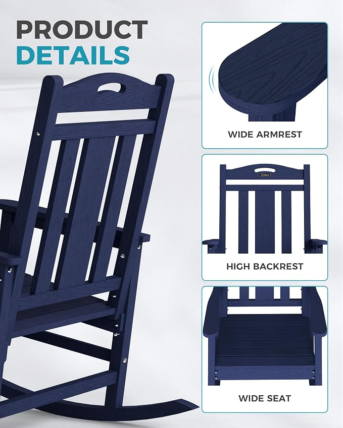Oversized Outdoor Rocking Chairs, HDPE Patio Rockers, Deep Navy Blue | High - Image 6