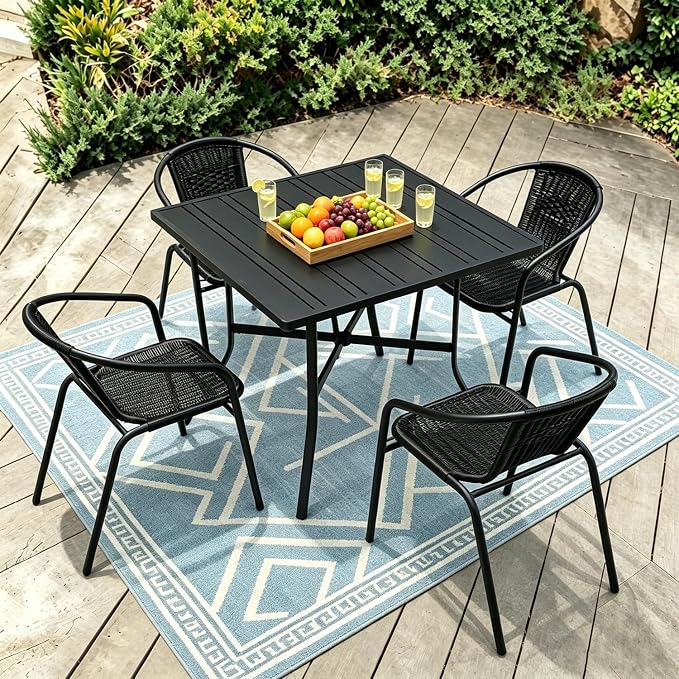5 Piece Patio Dining Set with Black Outdoor Metal Table & 4 Hand-Woven PE by Home
