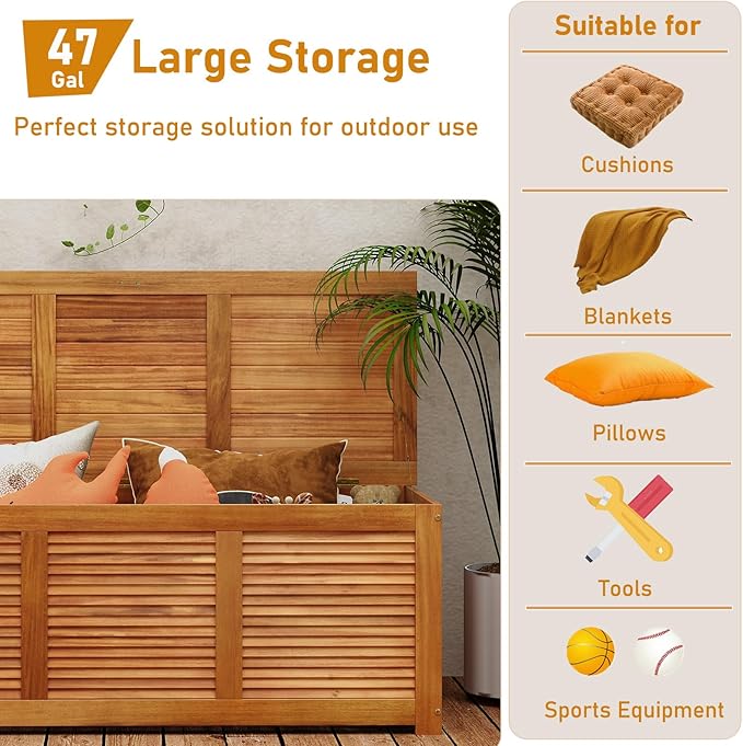 DREAMADE 47 Gallon Deck Box, Acacia Wood Outdoor Storage Bench, Natural | Patio - Image 4