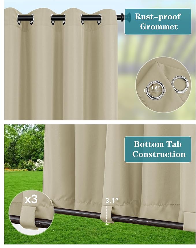 Windproof Outdoor Curtains for Patio Waterproof 4 Pcs 54x120 In Cream | Grommet - Image 2