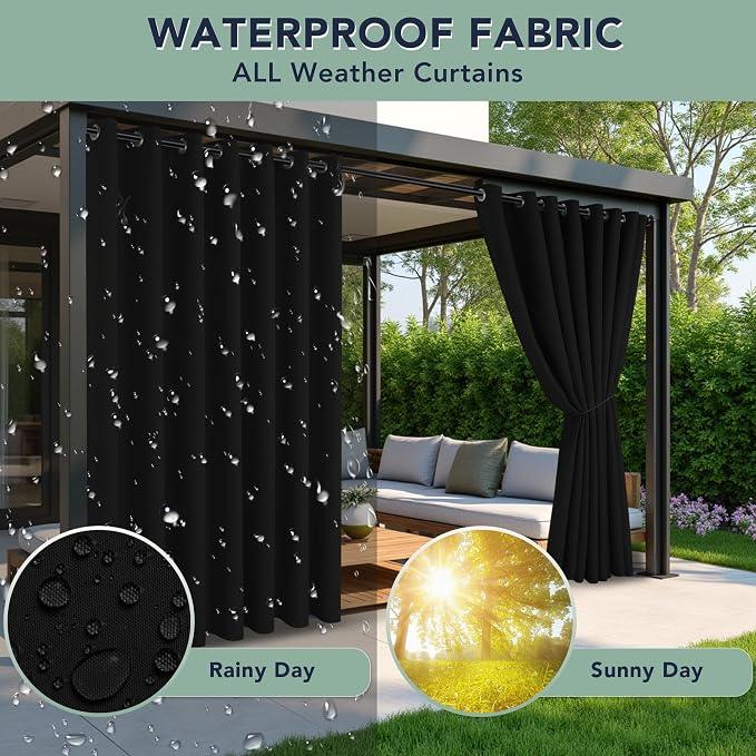 Black Outdoor Curtains for Patio Waterproof, 6 Panels 54 x 84 Inch | Privacy & - Image 2