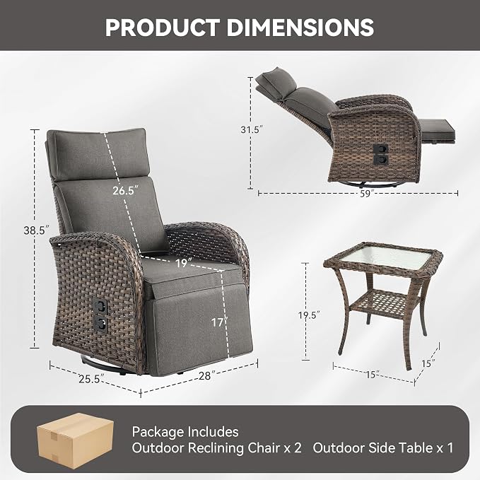 3 Pieces Zero Gravity Patio Swivel Recliner Chairs Set of 2 - Image 2