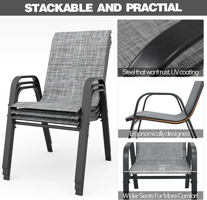 Black Patio Chairs Set of 4, Stackable Outdoor Dining Chairs - Image 6