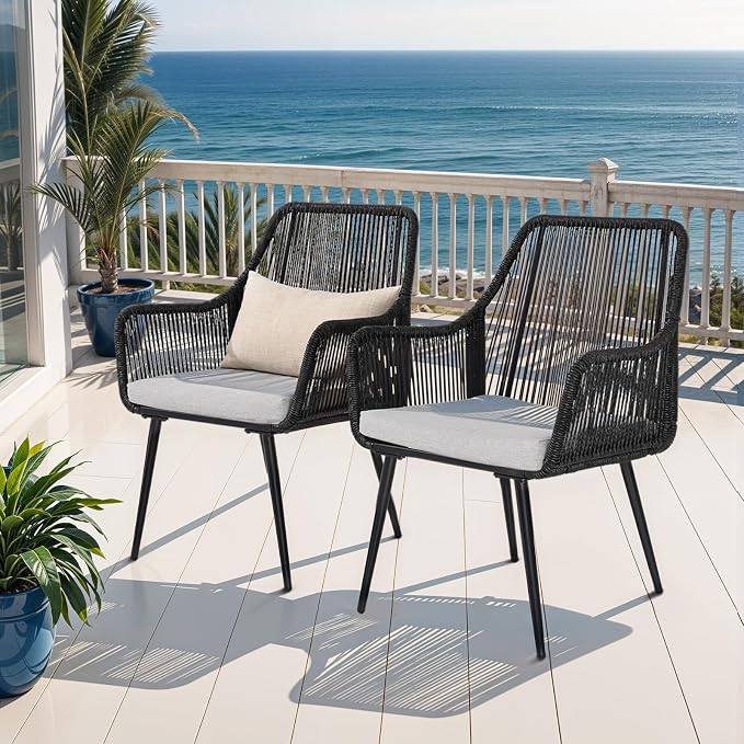 Patio Dining Chairs Outdoor Dining Chairs Set of 2, Woven Twisted Wicker Rattan - Image 2