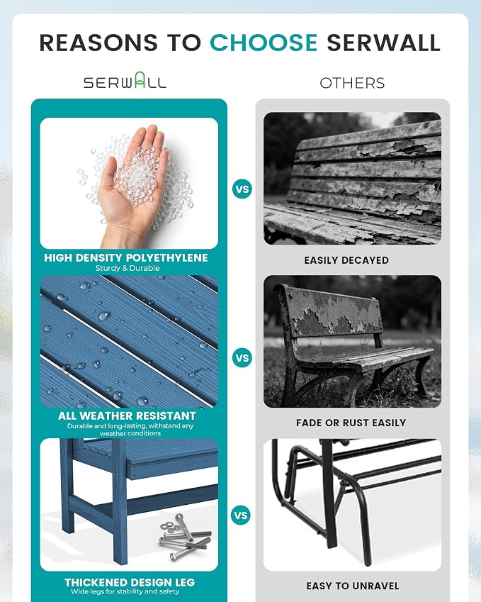 SERWALL HDPE Outdoor Bench, Weatherproof Porch Bench, 1 Pack, Suitable - Image 7