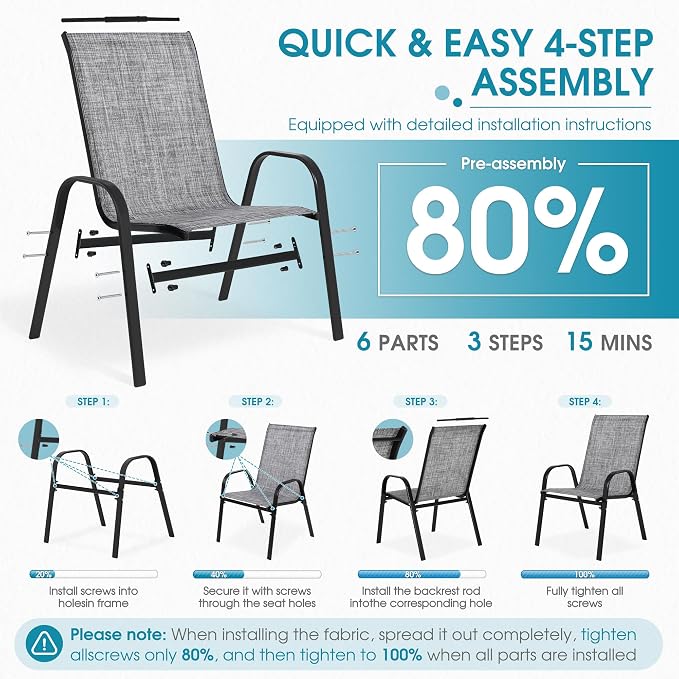 Outdoor Stackable Chairs Set of 4, Textilene Fabric, - Image 6