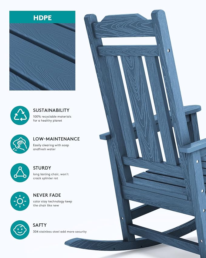 SERWALL Outdoor Rocking Chair, HDPE Oversized Rocking Chair Outdoor - Image 7