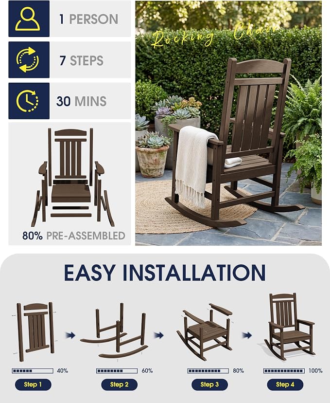 Oversized Outdoor Rocking Chair Set of 4, HDPE Porch Rocker, Coffee | - Image 7