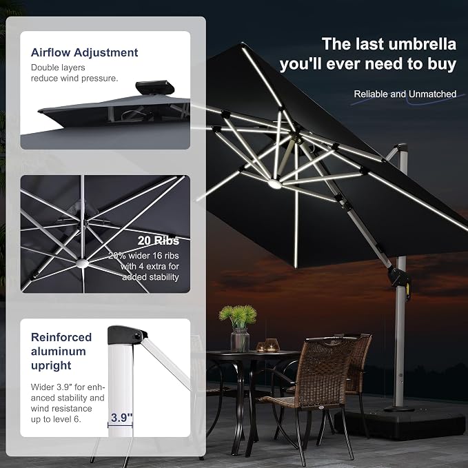 PURPLE LEAF Cantilever Umbrella 10' X 13' Double Top Solar LED Light, Stays - Image 3