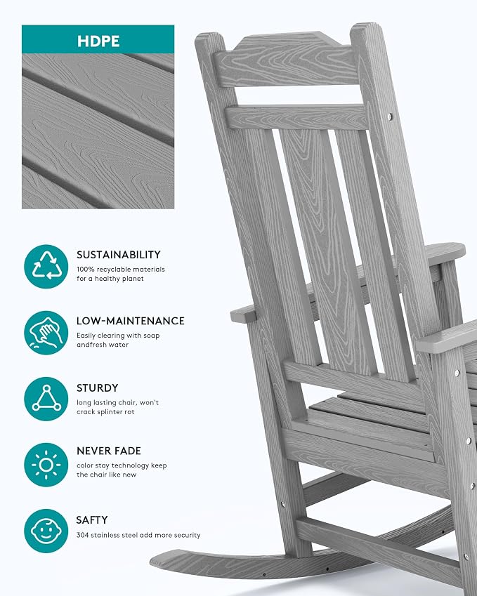 SERWALL Oversized Outdoor Rocking Chairs Set of 2, Patio Rocker, Space Gray | - Image 5