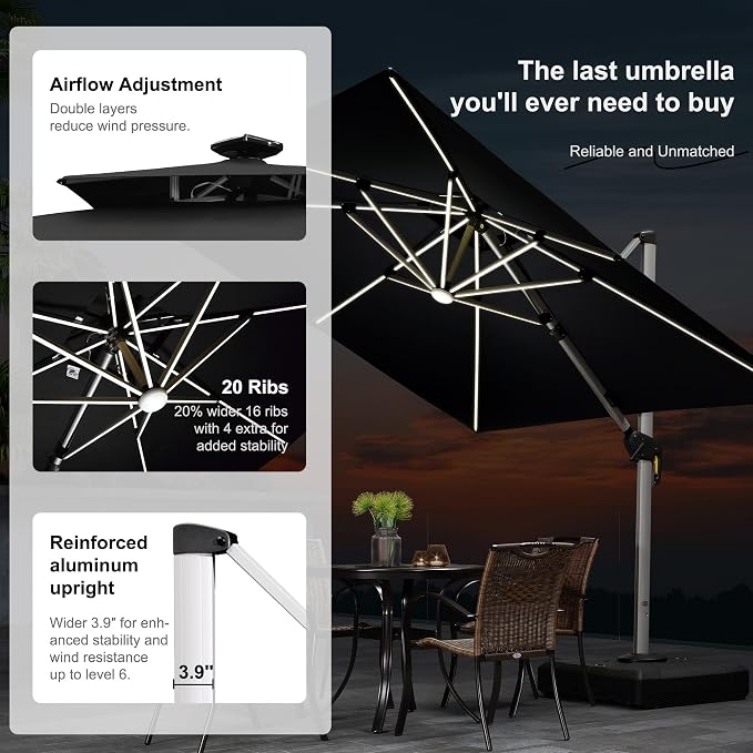 PURPLE LEAF Cantilever Umbrella 11'X11' Double Top Solar LED Light, Stays bright - Image 3