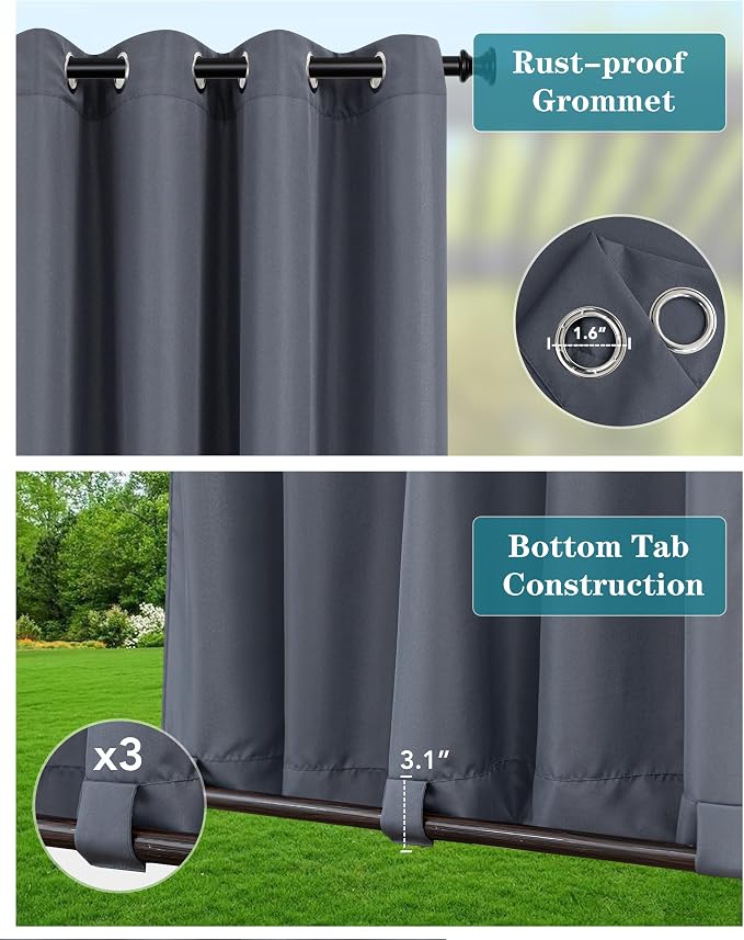 Windproof Outdoor Curtains for Patio Waterproof 4 Pcs 54x95 In Grey | Grommet - Image 2