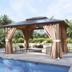 Aoxun 12'x10' Gazebo with Polycarbonate Double Roof, Light Brown | Metal Frame - Image 2