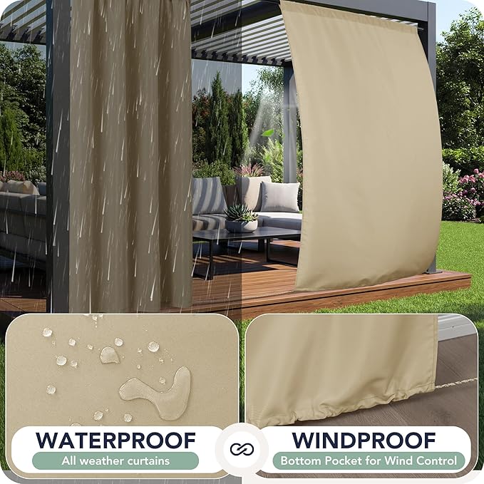 Patio Curtains Outdoor Waterproof, 4 Panels, Rod Pocket Sunshades | - Image 2
