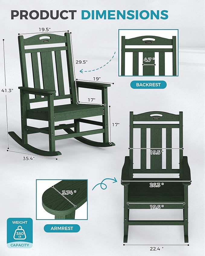 Oversized Outdoor Rocking Chairs Set of 2, 380lbs Heavy-Duty Large Patio Rocker - Image 3