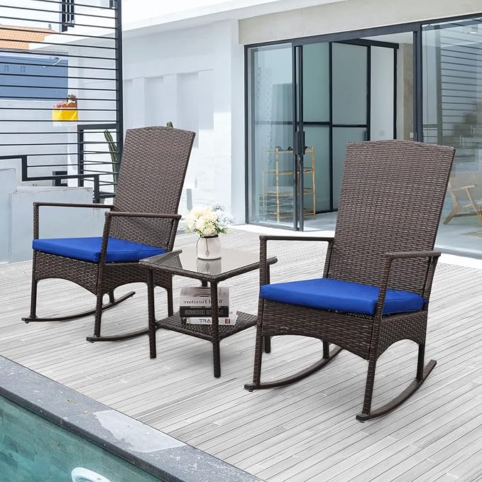 Outdoor PE Wicker Rocking Chair 3-Piece Patio Rattan Bistro Set 2 Rocker by Rattaner
