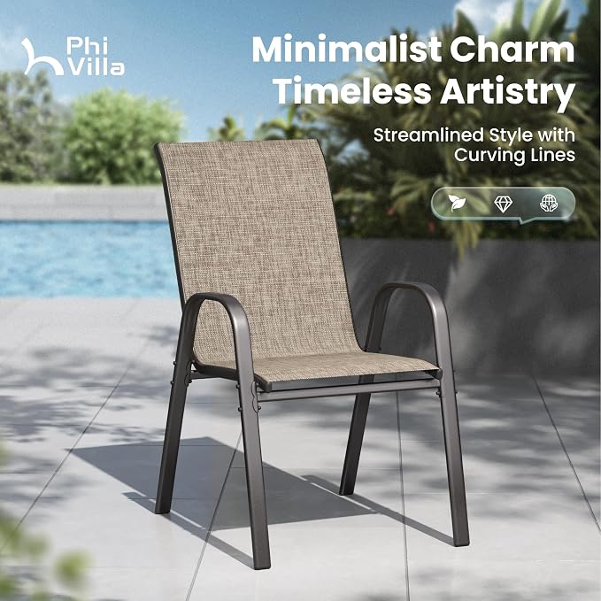 PHI VILLA Outdoor Stackable Dining Chair Set of 6, Textilene Mesh & Metal | - Image 8
