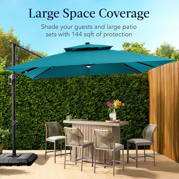 Best Choice Products 12x12ft LED Cantilever Patio Umbrella w/Base Included & - Image 4