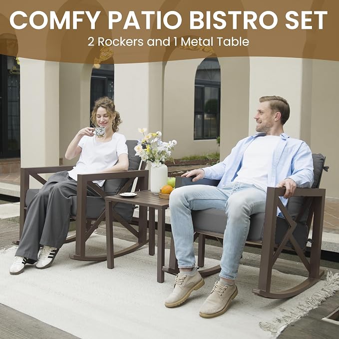 UDPATIO Rocking Chair Outdoor Oversized Metal Bistro Set 6.5" Cushion Grey | 3 - Image 4