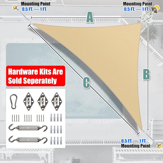 Amgo Custom Size 18' x 23' x 29.2' Beige Right Triangle Sun Shade Sail UPF50+ - Image 6