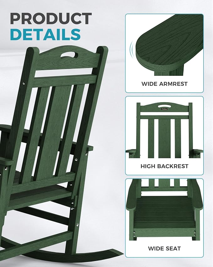 Oversized Outdoor Rocking Chairs Set of 3, 380lbs Heavy-Duty Large Patio Rocker - Image 6