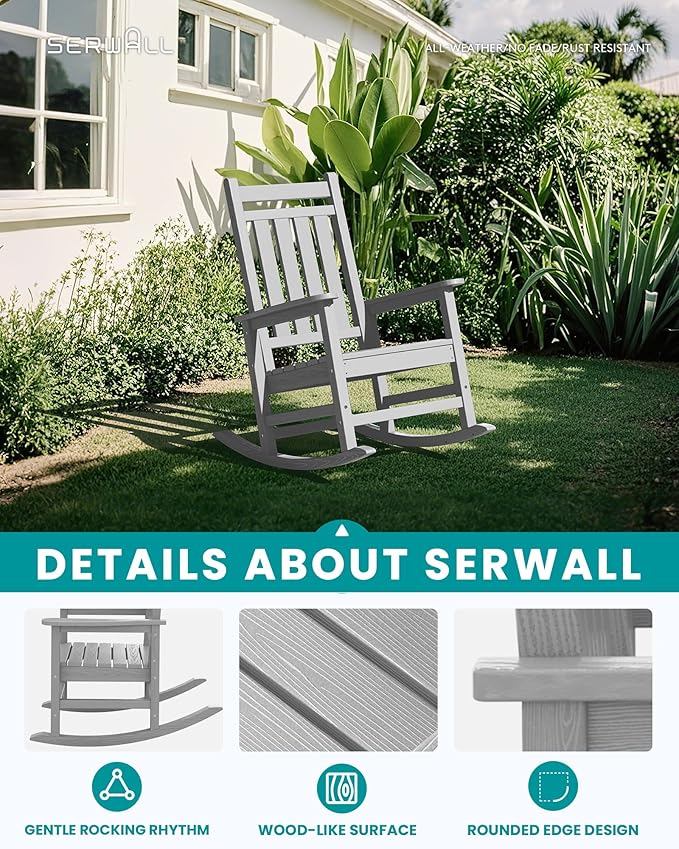 SERWALL Outdoor Rocking Chair Set of 4, Sliver Gray | 21.1" Widened Seat adds - Image 3