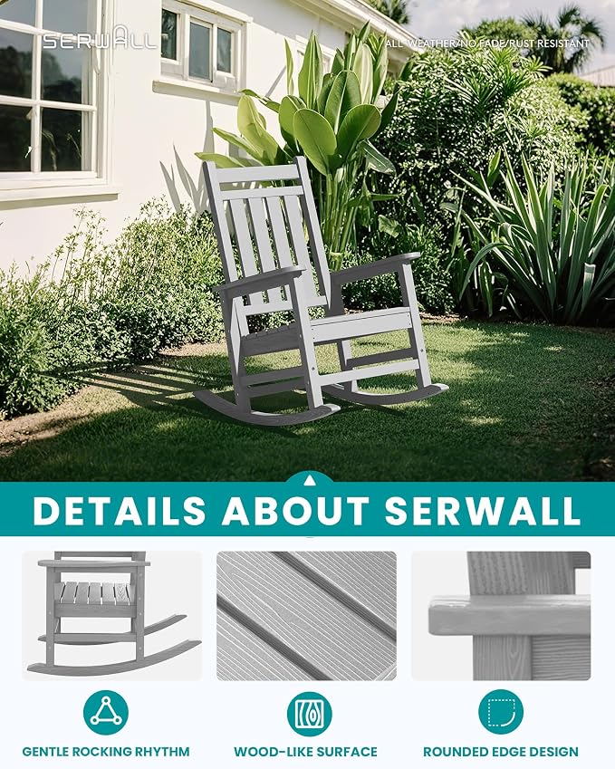 SERWALL Outdoor Rocking Chair Set of 2, Sliver Gray | 21.1" Widened Seat adds - Image 4