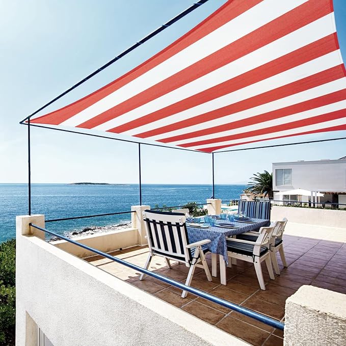 ColourTree TAPR1220 Custom Size 8' x 11' Red & White Stripes Sun Shade Sail by ColourTree