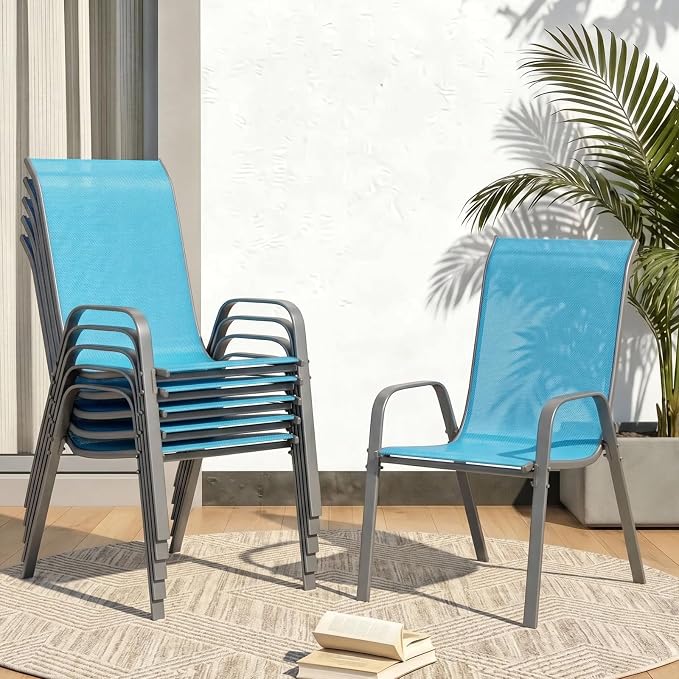MAMIZO Patio Dining Chairs, Stackable Textilene Chair Set of 6, Sky Blue | by MAMIZO