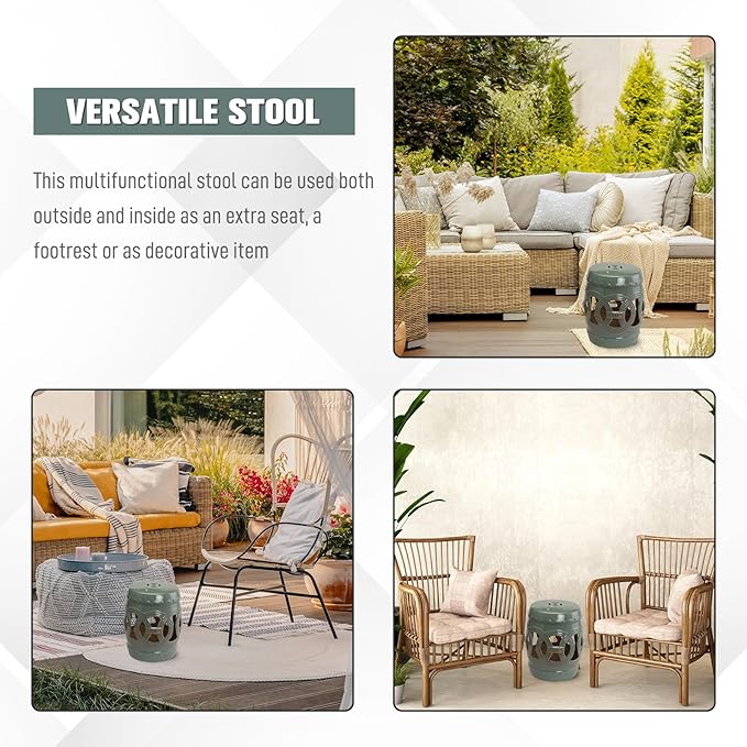 Outsunny 14" x 17" Ceramic Garden Stool Strong Glazed Material Green | - Image 5