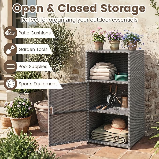 Tangkula Rattan Outdoor Storage Cabinet, Patiojoy PE Wicker Outdoor Cabinet - Image 3