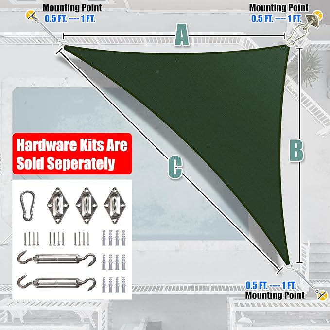 Amgo Custom Size 10' x 16' x 18.9' Green Right Triangle Sun Shade Sail UPF50+ - Image 6