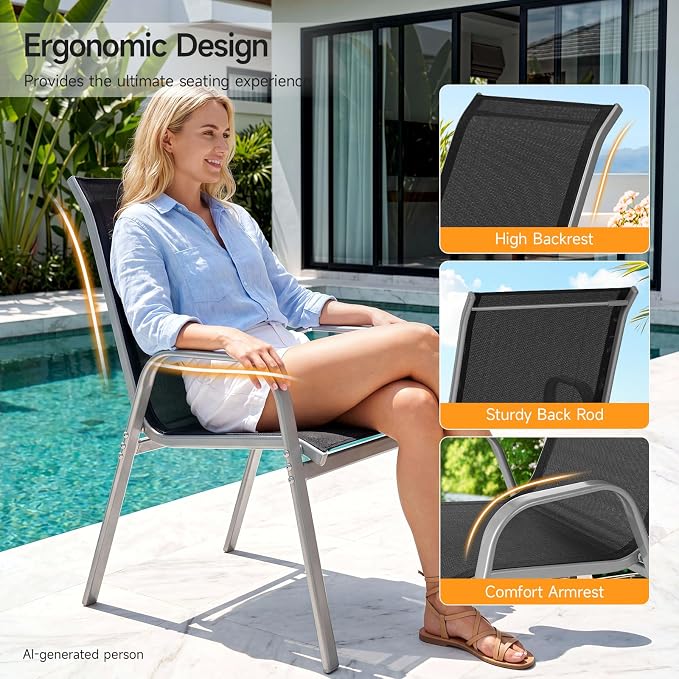 Patio Chairs Set of 6, Stackable Outdoor Dining Chairs | All Weather Dining Set - Image 4