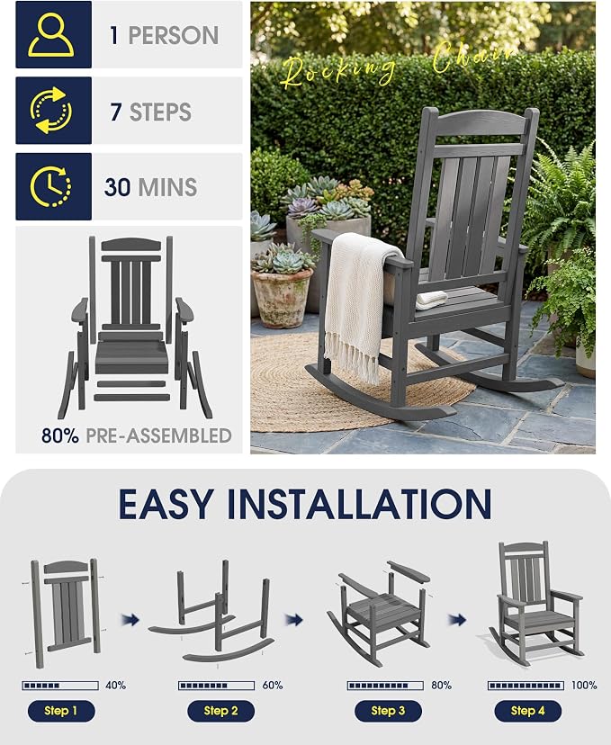 Oversized Outdoor Rocking Chairs Set of 2, Porch Rocker Unique Gray | - Image 9